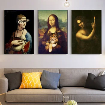 Mona Lisa Ține Pisica Amuzant Art Decor Postere Si Printuri Living Arta De Perete Da Vinci, Celebrul Imagini Pe Panza Pictura
