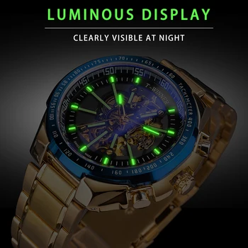 Câștigător De Moda Lumină Albastră De Sticlă Noua Mens Ceasuri Negru-Auriu Fabricat Din Oțel Inoxidabil Rezistent La Apa Sport Luminoasă Automată Ceasuri