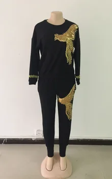 3XL Plus Dimensiune Africa de Femei de Iarnă Manual cu Mărgele, Paiete Model Maneca Lunga Topuri Tricotate Pantaloni 2 BUC Seturi de Îmbrăcăminte