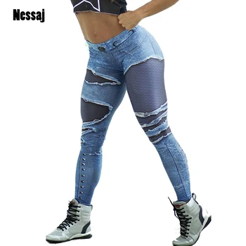 Nessaj Noua Moda Femei Blugi De Imprimare Jambiere Elastice Fitness Sudoare Pantaloni Cu Talie Înaltă Sportive De Antrenament Jambiere De Moda