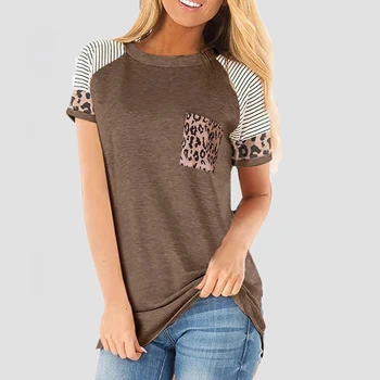 Vara Tricou Femei Raglan Sleeve T-shirt de Vară O-gat Maneci Scurte 2020 Moda Leopard Buzunar Topuri Tricouri Femei Top