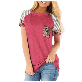 Vara Tricou Femei Raglan Sleeve T-shirt de Vară O-gat Maneci Scurte 2020 Moda Leopard Buzunar Topuri Tricouri Femei Top