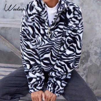 Weekeep Faux Miel Tricou Femei Zebra Cu Dungi De Imprimare Teddy Pulover Topuri Cu Maneci Lungi Cu Fermoar Guler Casual De Iarna Cald 2020
