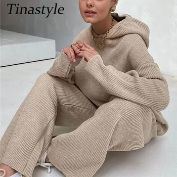 Tinastyle cu Nervuri Tricotate Două Bucata Set Pulover de Iarna Femei Hoodies Și Dantelă Sus Pantaloni Largi Picior de Moda Streetwear 2 bucata Costum