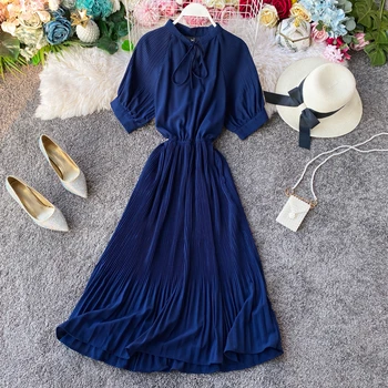 Femei culoare Solidă rochie albastră de vară 2020 V-neck gât arc Scurt mânecă rochie Doamnelor Subțire Cutat Rochie Lunga Vestidos