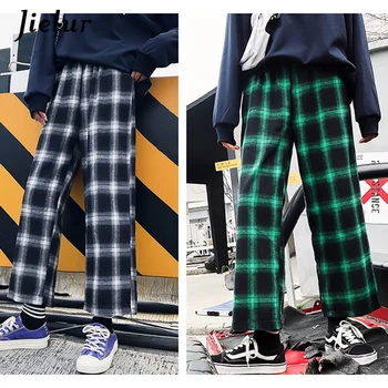 Jielur Ulzzang coreean Pantaloni Femei 2020 Harajuku Hip Hop Hipster Liber Largi Picior Pantaloni Carouri Negru Pantalon Femme Streetwear M-XL