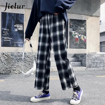 Jielur Ulzzang coreean Pantaloni Femei 2020 Harajuku Hip Hop Hipster Liber Largi Picior Pantaloni Carouri Negru Pantalon Femme Streetwear M-XL
