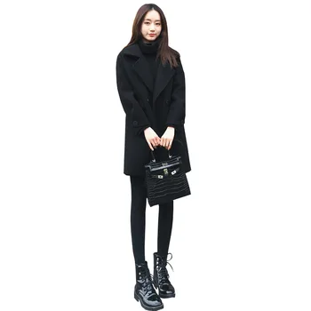 2020 Toamna și Iarna Nou Stil coreean Vrac Slăbire Lână Palton Femei Neagră Lungă Haină de Lână Femei h00264