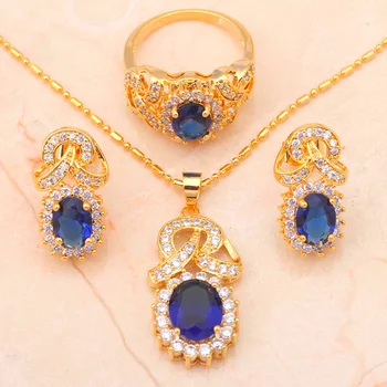 Moda Bijuterii Aur Ton Albastru de Cristal Zircon cea mai buna calitate Cercei Colier Inel Sz #8 #9 #7 seturi de Bijuterii JS431A