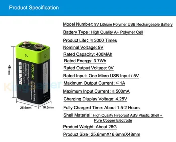 KingSener 9V 400mAh USB Reîncărcabilă 6F22 Baterie Lipo Pentru Walkie-Talkie Termometriei Arma Detector de Fum Detector de Securitate