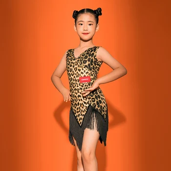 Fete Dans latino Rochie de Concurență Copii Leopard/Black Fringe Practică Costume, Tango, Samba, Salsa, Cha Cha Dans Haine VO1117