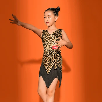 Fete Dans latino Rochie de Concurență Copii Leopard/Black Fringe Practică Costume, Tango, Samba, Salsa, Cha Cha Dans Haine VO1117