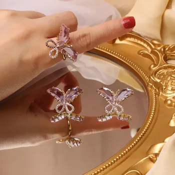 Japonia, Coreea de noul design de moda bijuterii rafinat set de cupru încrustat zircon cristal cercei fluture deschidere de sex feminin bal inel