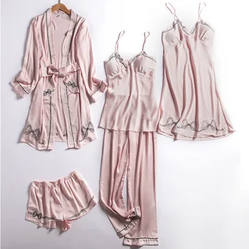 5 Piese De Costum Din Dantela Satin Sex Feminin Pijamale Femei, Pijamale Set De Toamnă Maneca Lunga, Pijamale De Noapte Și De Zi De Primăvară Homewear
