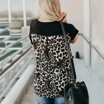 Femei de Moda V Gât Leopard de Floarea-soarelui Buzunar Mozaic Liber Blouser T-shirt de Sus