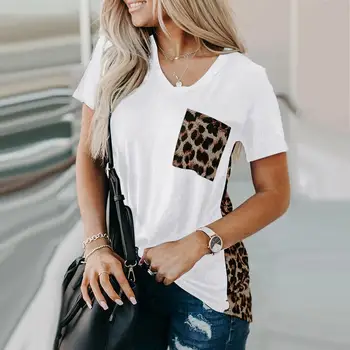 Femei de Moda V Gât Leopard de Floarea-soarelui Buzunar Mozaic Liber Blouser T-shirt de Sus
