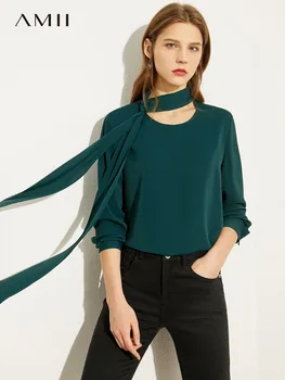 Amii Minimalism Moda Toamna Simplu Bluza Femei de Cauzalitate OLstyle Oneck Centura Solide în Vrac Femei Tricou Femei Topuri 12030268