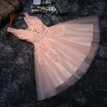 Femei petrecerea de nunta rochie plus dimensiunea V gât dantelă, ștrasuri din mărgele roz formale scurt de bal rochie de seara pentru revelion 2021 rochie de cocktail