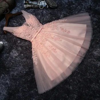 Femei petrecerea de nunta rochie plus dimensiunea V gât dantelă, ștrasuri din mărgele roz formale scurt de bal rochie de seara pentru revelion 2021 rochie de cocktail