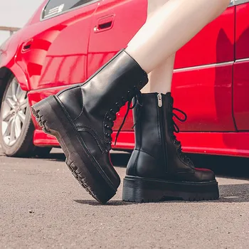 Moda Fermoar Plat Pantofi Femei cu Toc Platforma PU Cizme din Piele Dantela-Up Pantofi Femei Albe Militare Botas Mujer Fete