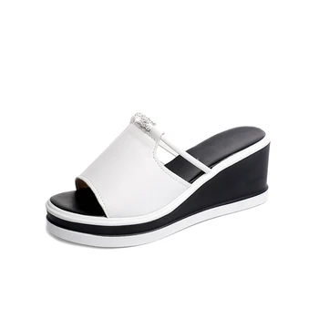 2019 Femei Papuci de casa Sandale Tocuri Pene Platforma Peep toe din Piele Cristal Elegant, Feminin Sandale de Doamnelor Catâri saboți Pantofi de Vara