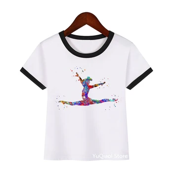 Frumoasă acuarelă gimnastica design de tricou fete de vară haine albe sport t-shirt pentru copii tricou Personalizat de top pentru studenții