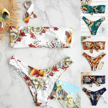 2021 Sexy Femei De Brand Bikini Set Imprimare Florale Rochie Fara Bretele, Costume De Baie, Costume De Baie De Pe Umăr Brazilian Biquini Bikini