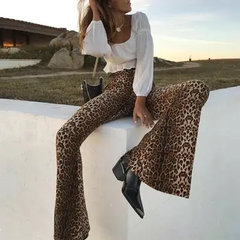 2020 Femei Pantaloni Femei Casual Leopard Flare Pantaloni Evazați Cu Talie Înaltă Largi Picior Pantaloni