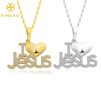 FINE4U N631 Creștin Bijuterii din Aur de Culoare Isus Bucată Dragoste Colier Cubic Zirconia îl Iubesc pe Isus Pandantiv Colier pentru Femei
