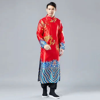 Oamenii China Stil Casual Cu Maneci Lungi Tricou Dragon Halat De Sex Masculin Satin Stil Rochie Lungă Cămașă Îmbrăcăminte Exterioară Strat Kongfu Costume