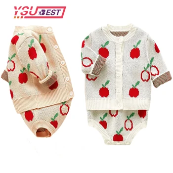 Baby Girl Moda Costum De Haine De Bumbac Tricotate Pentru Copii Apple Strat + Romper Suit Primavara Toamna Îmbrăcăminte Pentru Sugari Copil Tinuta De Iarna