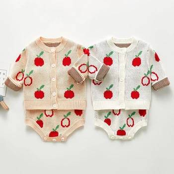 Baby Girl Moda Costum De Haine De Bumbac Tricotate Pentru Copii Apple Strat + Romper Suit Primavara Toamna Îmbrăcăminte Pentru Sugari Copil Tinuta De Iarna
