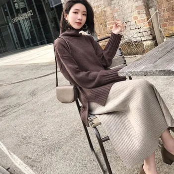 Iarna O linie de Semnalizare Talie Mare Solidă Tricot Tricot Gros Pulover Lung Fuste Femei 2019 coreean Casual Femei Fuste Midi Mujer