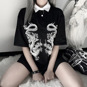 InsDoit Gotic Dragon Print Negru cu Maneci Scurte T-shirt Streetwear Harajuku Turndown Guler Tricouri Punk Lungi Casual T-shirt