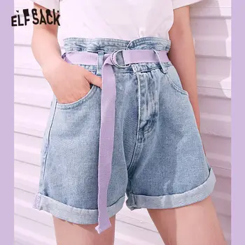 ELFSACK Albastru Solid Minimalist de Mare Talie cu Centură Casual pentru Femei pantaloni Scurti din Denim de Vară 2020 ELF Pur coreean Doamnelor de zi cu Zi Baisc Fund