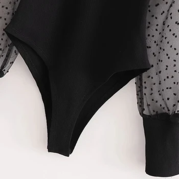 2020 Nouă Femei Body Contrast Mesh Mâneci Lungi Puf de Moda Chic Lady INS stil Sexy body vestidos femme halat