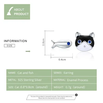 BAMOER Pisică și de Pește Cercei Stud pentru Fete Argint Solid Email Kitty Animale Știfturi de Ureche Bijuterii Cadouri pentru Copii SCE623