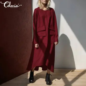 Femei Rochie de Iarna 5XL Celmia 2021 Toamna cu Maneca Lunga Casual Vintage Solidă Tricou Rochii Largi Buzunare Cald Midi Vestidos
