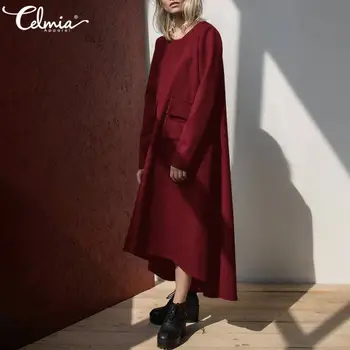 Femei Rochie de Iarna 5XL Celmia 2021 Toamna cu Maneca Lunga Casual Vintage Solidă Tricou Rochii Largi Buzunare Cald Midi Vestidos