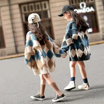 2019 Primavara Toamna Anului Nou Pentru Copii Fete Cardigan Tricotate Pulovere Fete Moi Vrac Carouri Îmbrăcăminte Exterioară Pentru Copii Sacou Casual Haine N42