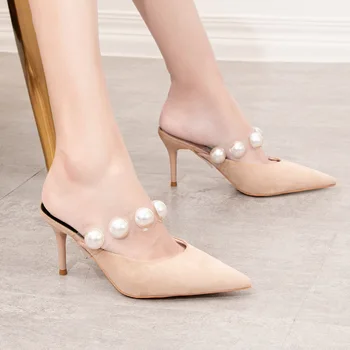 2020 Nou coreea Style Moda Femei Catâri Pantofi Deget a Subliniat Perla Sandale Zână pantofi cu toc Înalt 41size