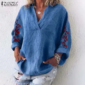 Blusas Sus 2021 ZANZEA Toamna Femei Bluza Vintage Brodata din Bumbac Tricouri Casual V-Neck Maneca Lunga Tunică Vrac Topuri Femme
