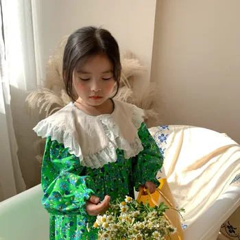 2021 Primăvară Noi Fete Cu Maneca Lunga Florale Printesa Bumbac Copii De Moda Rochie De Petrecere, Rochii De Copii Cu Guler De Dantelă