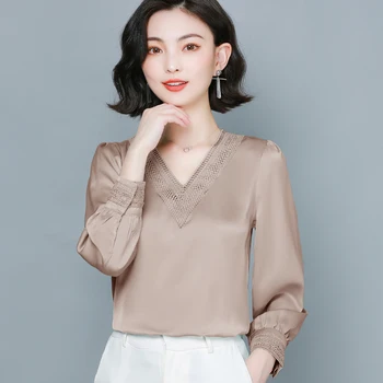 Coreea de Mătase Bluze pentru Femei Tricou Femeie din Satin Bluza de Mătase Bluze Femei cu Maneci Lungi, Broderie Bluze Femei V-gât Gol în Tricoul