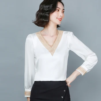 Coreea de Mătase Bluze pentru Femei Tricou Femeie din Satin Bluza de Mătase Bluze Femei cu Maneci Lungi, Broderie Bluze Femei V-gât Gol în Tricoul