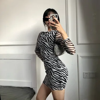 Y2K Moda de Imprimare Zebra Transparents Dublu Strat de Plasă de Rochii de E-fată Punk-O-neck Maneca Lunga Bodycon Rochie Mini Club