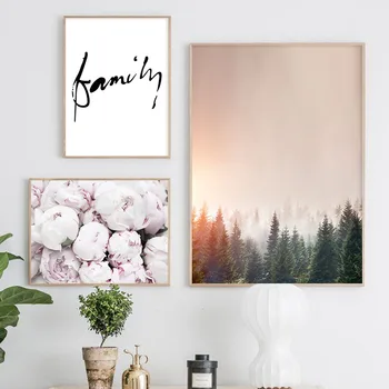 Bujor Roz Floare Poză De Familie Scandinave Poster Nordică Pădure, Apus De Imprimare De Perete De Arta Canvas Tablou Modern Decor Cameră