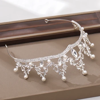 Argint Culoare Cristal Petrecere Coroane Tiara Coroana Reginei Pietre Perla De Nunta De Păr AccessoriesHeadband Par Mireasa Bijuterii