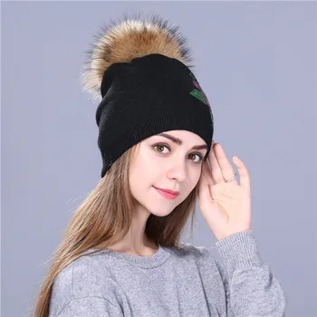 Xthree de sex Feminin de iarnă tricotate pălărie beanie hat pentru femei Paiete broderie blana naturala pom pom lână pălărie Skullie fete gorro capac