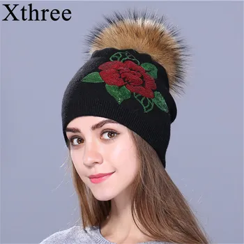 Xthree de sex Feminin de iarnă tricotate pălărie beanie hat pentru femei Paiete broderie blana naturala pom pom lână pălărie Skullie fete gorro capac